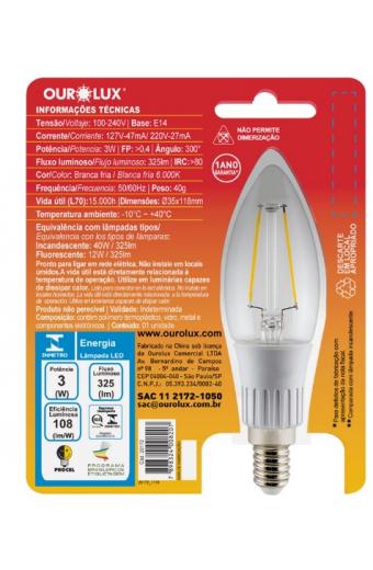Lampada Led Filamento Vela E14 3W 6000K Ourolux 