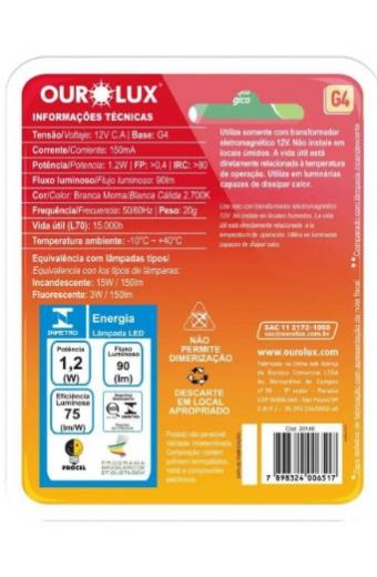 Lampada led G4 12V 2700K 1.2W 90 Lumens Ourolux