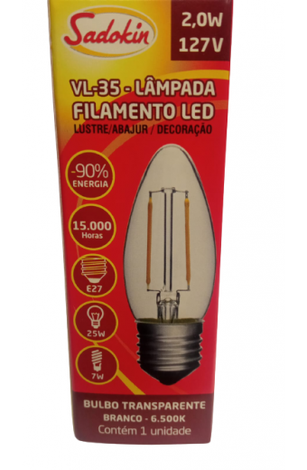 Lampada Led Filamento Vela E27 6500k 2w Sadokin